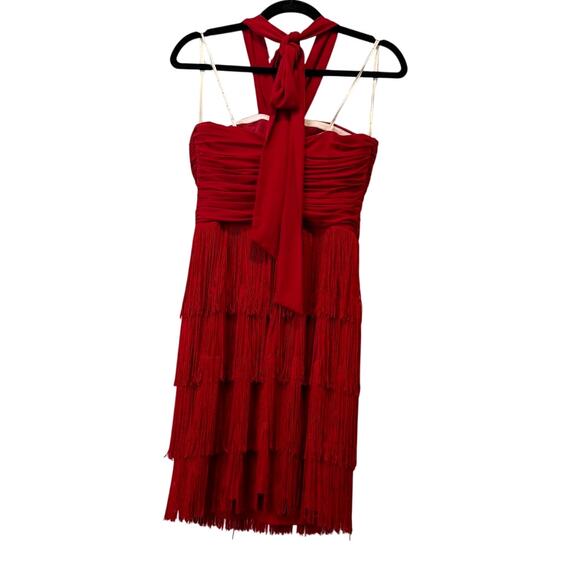 Boston Proper Women's Red Fringe Neck Scarf Tie Sleeveless Dress Size 2 - Picture 2 of 7